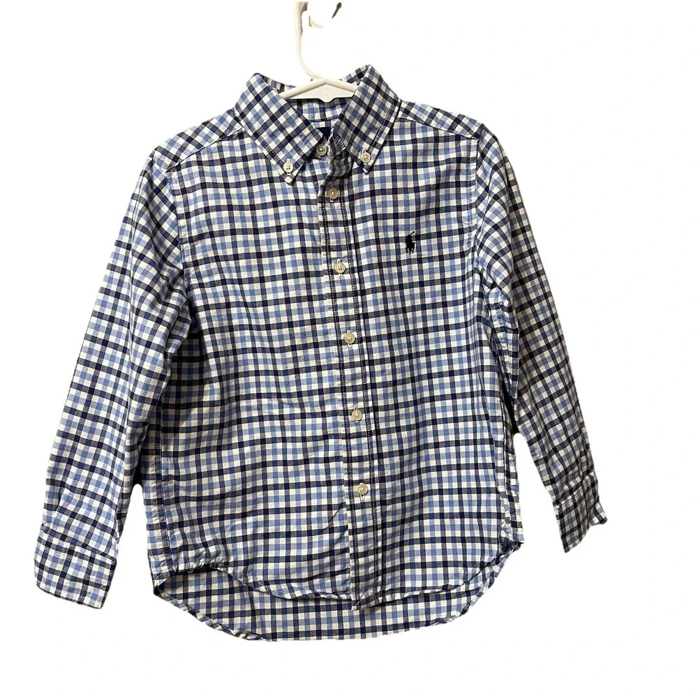 Ralph Lauren Blue Gingham‎ Button Down Long Sleeve Preppy Pony Logo Boys Size 4
